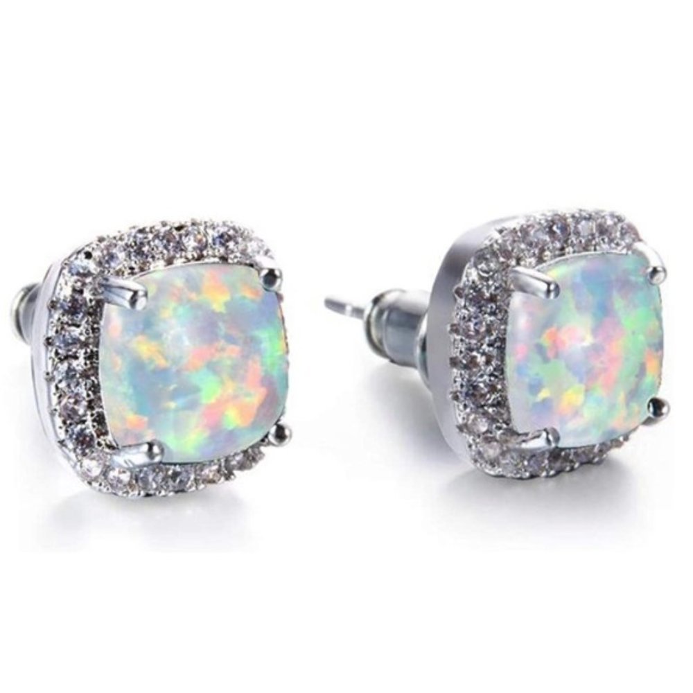 Platinum, White Opal & CZ Post Stud Earrings